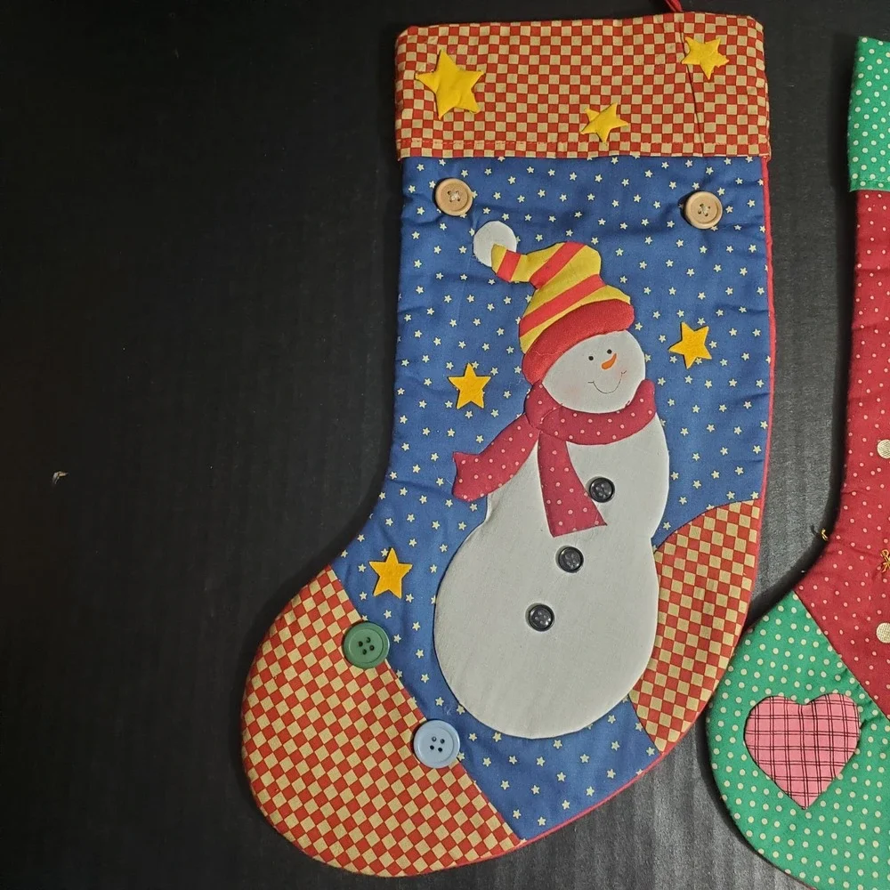Matching Pair Vintage GANZ Snowman & Angel Patchwork Christmas Stocking Set 15